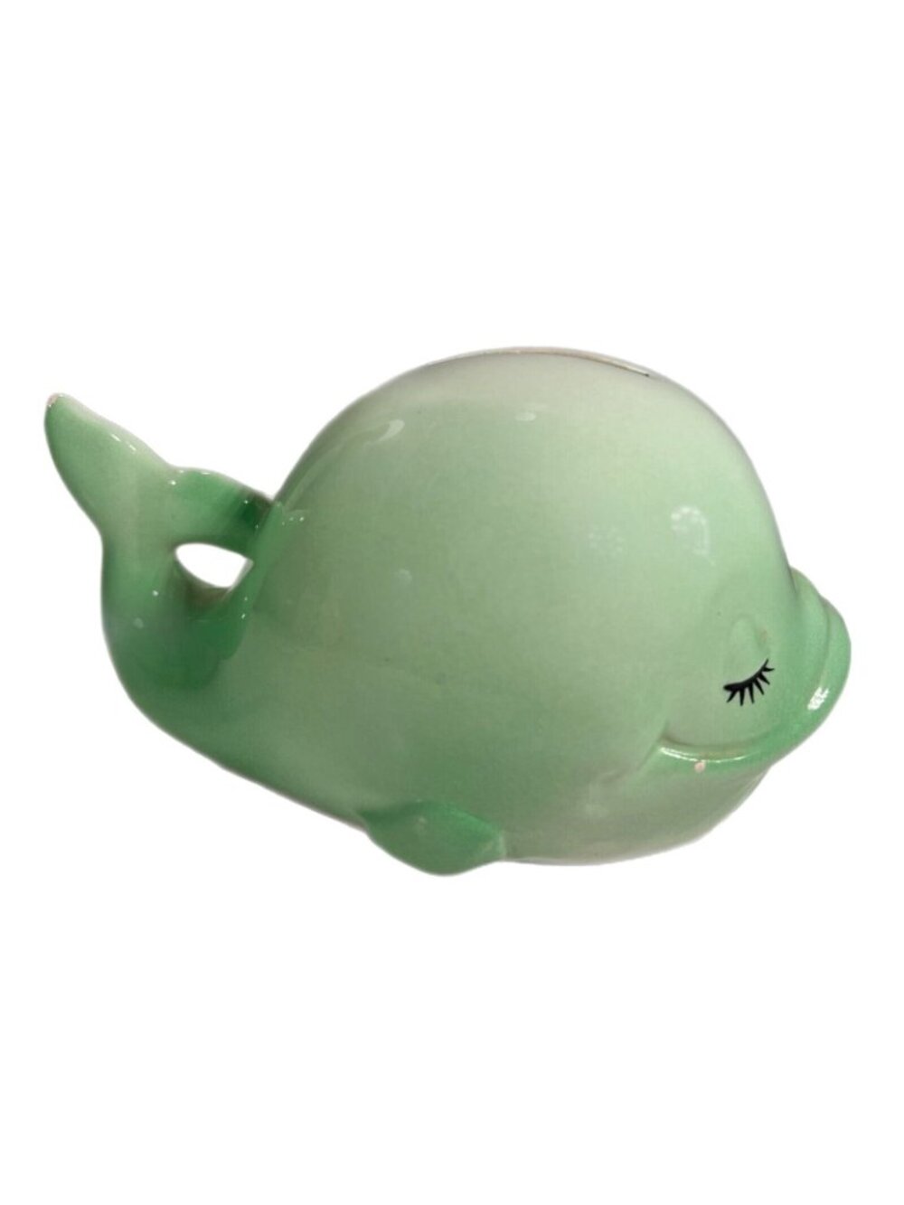 Ceramic Pottery Green Whale Coin Savings Bank with Plug Eyelashes Taiwan HTF - Picture 2 of 12